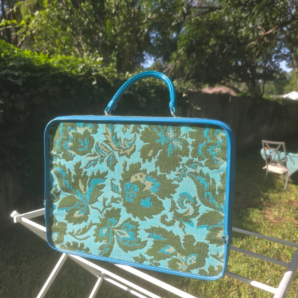 Vintage Tapestry Suitcase Turquoise Green Floral Damask Mid Century Travel Bag